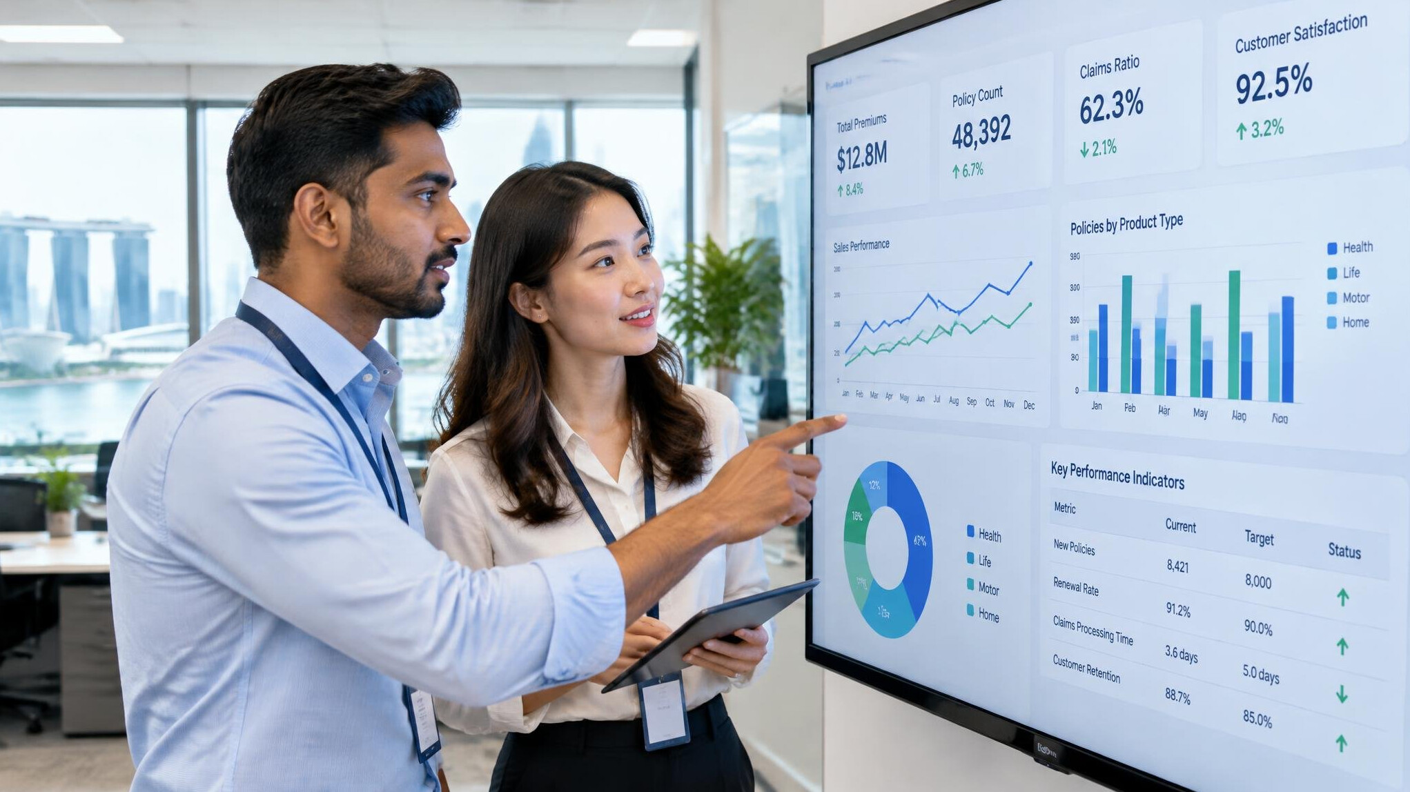 Two colleagues analyzing insurance performance data on a screen