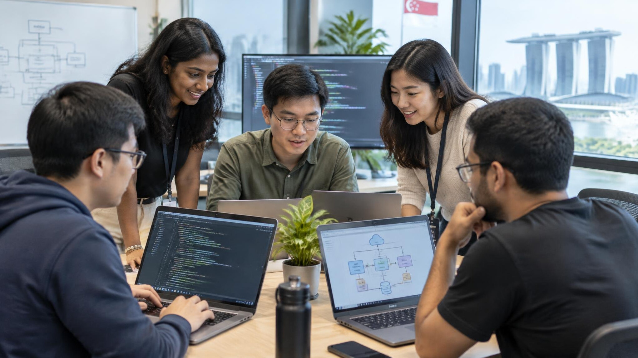 Software developers collaborating on insurance platform code